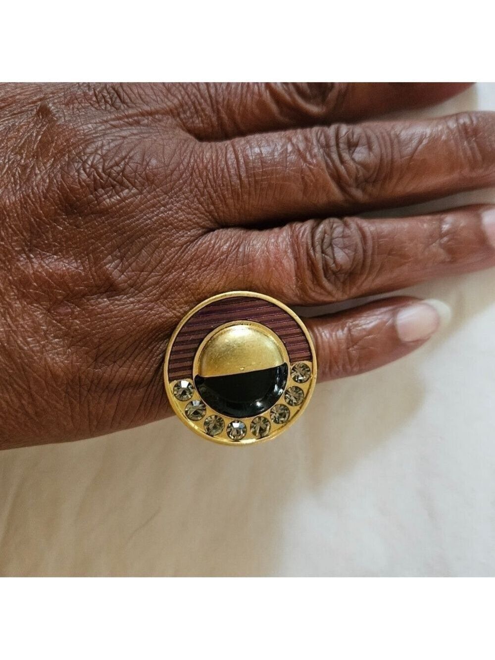 Vintage Art Deco Medallion Thick Gold-tone Statement Ring, Size 6